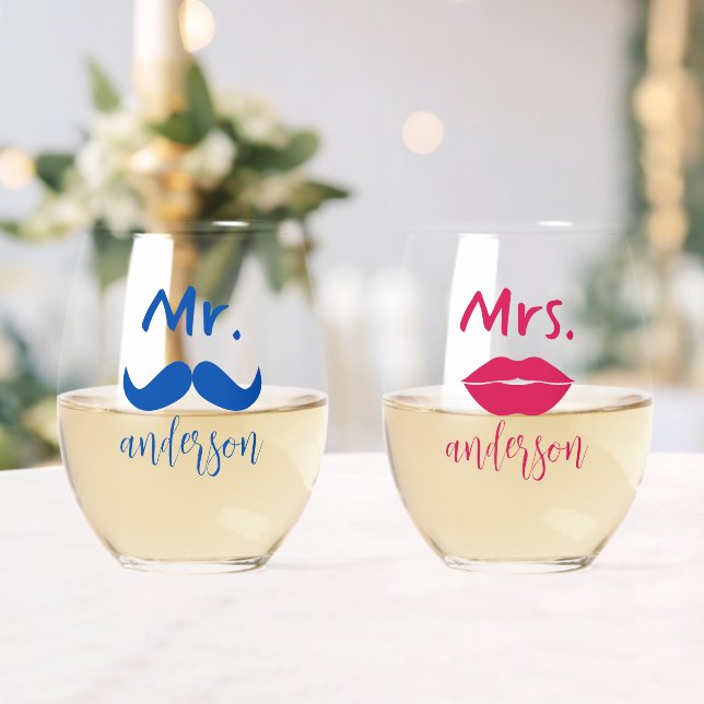 Mr & Mrs. Moustache Lips Personalized Wedding  Stemless Wine Glass (Insitu (Wedding))
