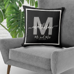 Mr Mrs Name Black Newlywed Monogram Throw Pillow<br><div class="desc">Personalized Mr. and Mrs. Monogram Throw Pillow with Year Established. This elegant newlywed pillow is the perfect way to celebrate a couple’s new life together. The design features a bold grey initial in the background, representing their last name, with "Mr. and Mrs." beautifully written beneath in chic white script calligraphy....</div>