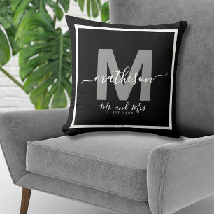 Mr Mrs Name Black Newlywed Monogram Throw Pillow