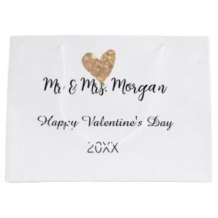 Mr & Mrs name happy Valentine's day gold heart Large Gift Bag