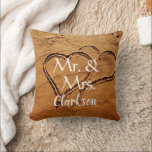 Mr. & Mrs name two hearts in sand beach wedding Throw Pillow<br><div class="desc">Modern elegant,  Mr. and Mrs.,  two hearts in sand,  custom name, Beach Wedding pillow.
You can personalize it and add your own text and name.</div>
