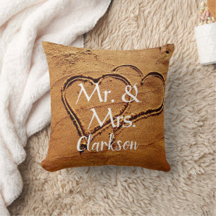 Mr. & Mrs name two hearts in sand beach wedding Throw Pillow