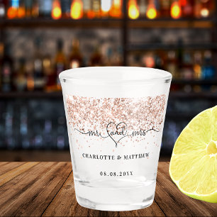 Mr mrs newly weds rose gold sparkles wedding shot glass