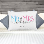 Mr & Mrs Newlywed Couple Wedding Anniversary White Accent Pillow<br><div class="desc">Celebrate your holy matrimony with this cute Mr. and Mrs. wedding pillow for newlywed couples. Customize it by adding your last name / surname and wedding anniversary year date. Pink, blue and black elegant font on white pillow. Great for a bridal shower or anniversary / wedding gift for a husband...</div>