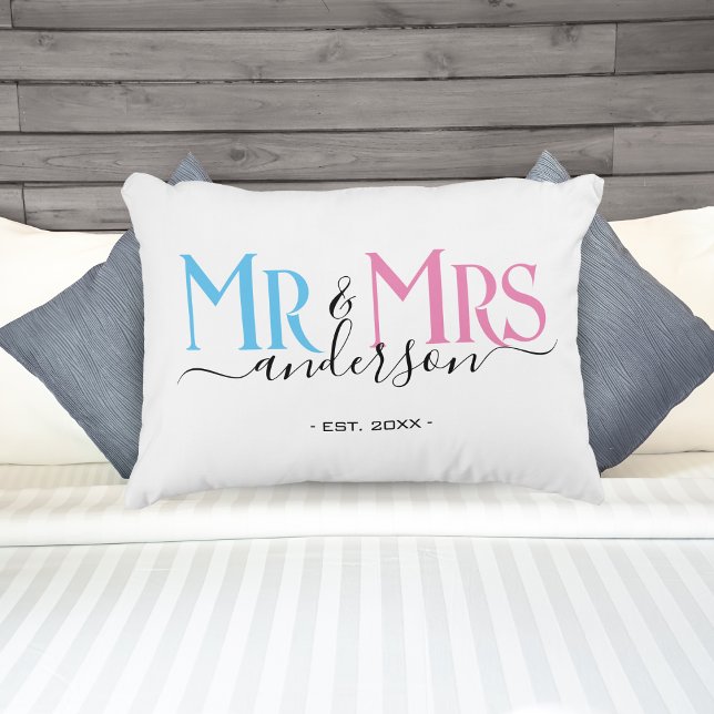 Mr & Mrs Newlywed Couple Wedding Anniversary White Accent Pillow (Blue and Pink Mr & Mrs Newlywed Couple Wedding Anniversary White Accent Pillow)