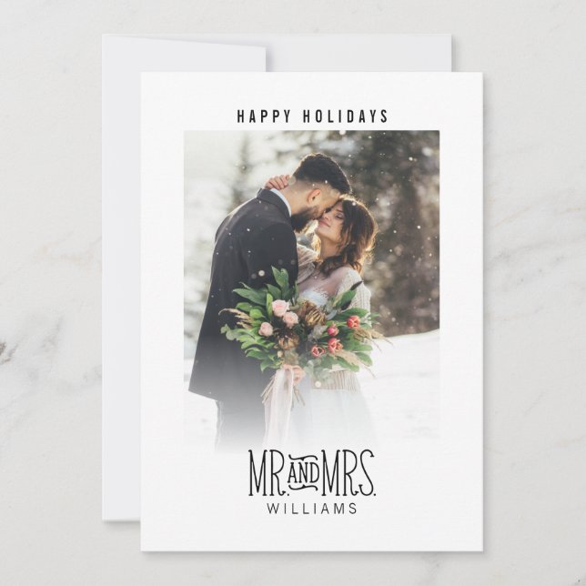 Mr. & Mrs. Newlywed Hand-Lettered Photo Holiday Card (Front)