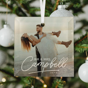 Mr & Mrs Newlywed Keepsake Playful Script Glass Ornament