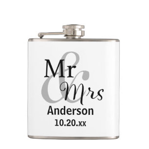 Mr. & Mrs. Newlywed Last Name with Wedding Date Hip Flask