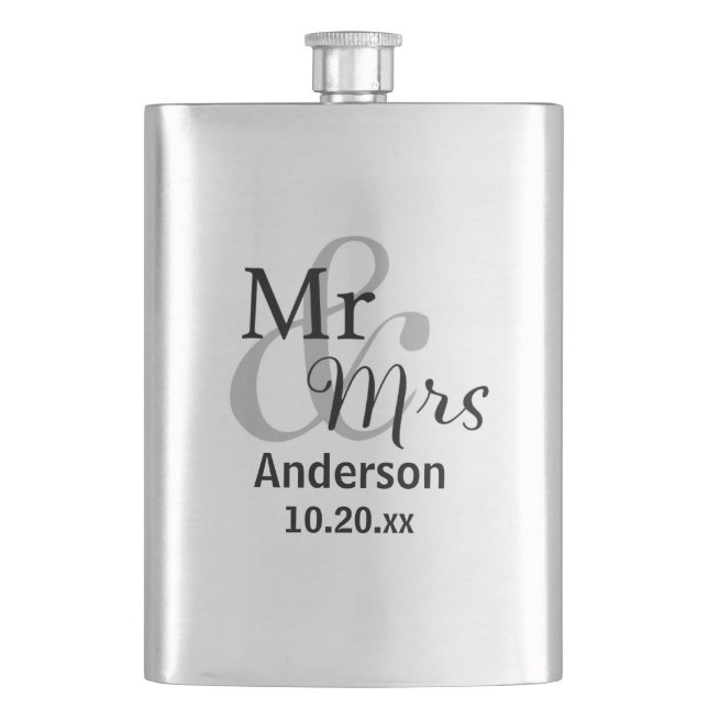 Mr. & Mrs. Newlywed Surname with Wedding Date Flas Hip Flask (Front)