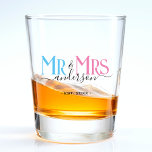 Mr & Mrs Newlywed Wedding Favour Shot Glass<br><div class="desc">Celebrate your holy matrimony with this cute Mr. and Mrs. wedding party favour shot glass for a newlywed couple. Customize it by adding your last name / surname and wedding anniversary year date. Pink, blue and black elegant font. Great for a bridal shower or anniversary / wedding reception dinner party...</div>