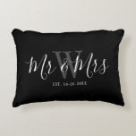 Mr Mrs Newlyweds Black White Script Monogram  Accent Pillow<br><div class="desc">Surprise a couple with this Mr And Mrs Newlyweds Black White Script Monogram Accent Pillow. It is modern designed on both sides with black background. The centre has large dark grey monogram letter and the text is "mr and mrs" in white trendy hand lettered script. Established date is below the...</div>