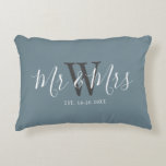 Mr Mrs Newlyweds Dusty Blue Script Monogram Accent Pillow<br><div class="desc">Surprise a couple with this Mr And Mrs Newlyweds Dusty Blue Script Monogram Accent Pillow. It is modern designed on both sides with blue background. The centre has large dark grey monogram letter and the text is "mr and mrs" in white trendy hand lettered script. Established date is below the...</div>
