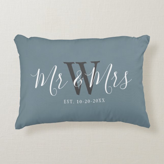 Mr Mrs Newlyweds Dusty Blue Script Monogram Accent Pillow (Front)