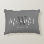 Mr Mrs Newlyweds Grey White Script Monogram Accent Pillow<br><div class="desc">Surprise a couple with this Mr And Mrs Newlyweds Grey White Script Monogram Accent Pillow. It is modern designed on both sides with grey background. The centre has large dark grey monogram letter and the text is "mr and mrs" in white trendy hand lettered script. Established date is below the...</div>