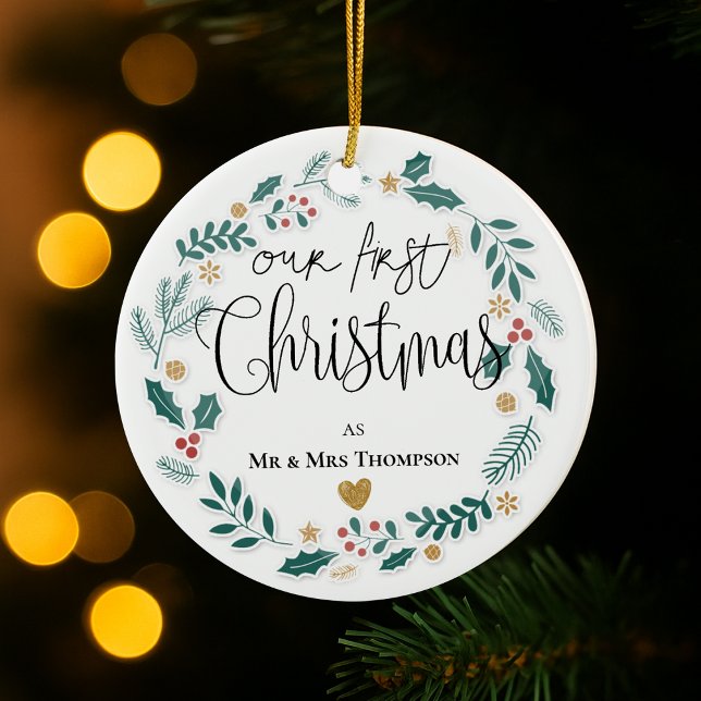 Mr & Mrs Our First Christmas 2025 Newlywed Wreath Ceramic Ornament (Mr & Mrs Our First Christmas 2025 Newlywed Wreath Ceramic Ornament)