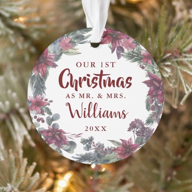 Mr Mrs Our First Christmas Floral Couple Photo Ornament (Tree)