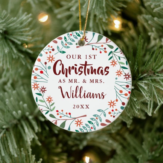 Mr Mrs Our First Christmas Holiday Floral Photo Ceramic Ornament (Tree)