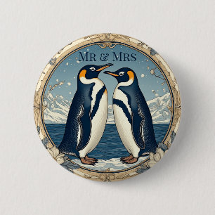 Mr & Mrs Penguin Couple Snow Winter Glacier Blue  2 Inch Round Button