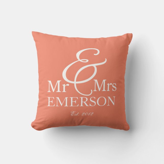 "Mr & Mrs" personalized coral & white Throw Pillow (Front)
