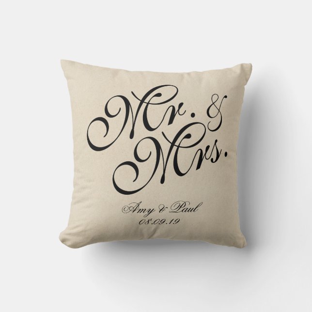 Mr.&Mrs.Personalized Cotton Fabric Textured Throw Pillow (Front)