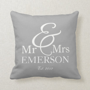 "Mr & Mrs" personalized grey & white Throw Pillow