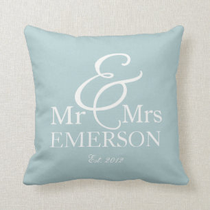 "Mr & Mrs" personalized light blue & white Throw Pillow