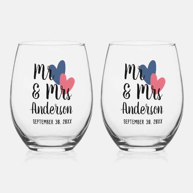 Mr & Mrs Personalized Stemless Wine Glass Set (Front)