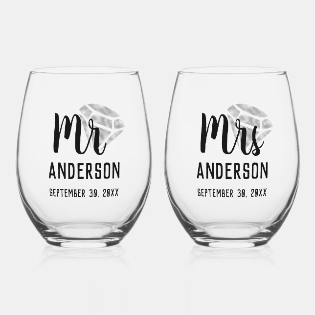 Mr & Mrs Personalized Stemless Wine Glass Set (Front)