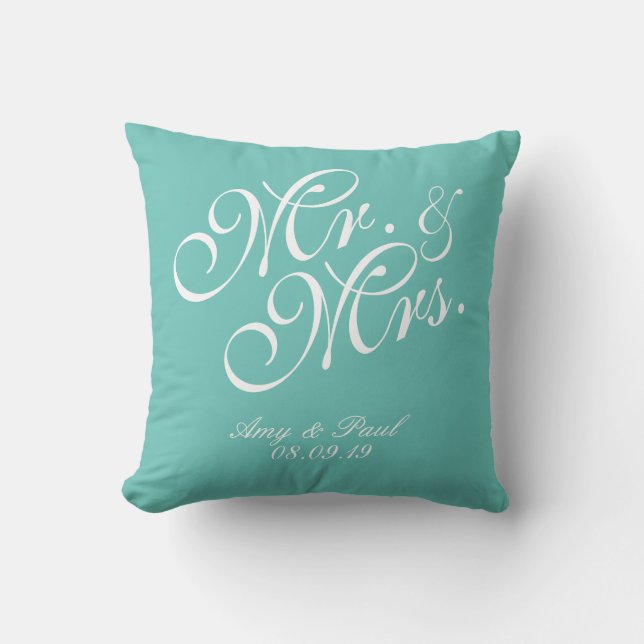 Mr.&Mrs.Personalized Teal Throw Pillow (Front)