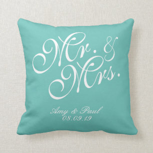 Mr.&Mrs.Personalized Teal Throw Pillow