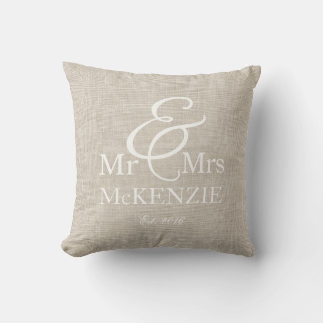 "Mr & Mrs" personalized with faux burlap backgroun Throw Pillow (Front)