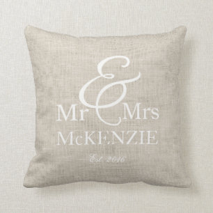 "Mr & Mrs" personalized with faux burlap backgroun Throw Pillow