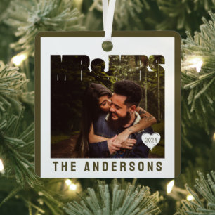 Mr & Mrs Photo Block Heart Anniversary Name Metal Ornament