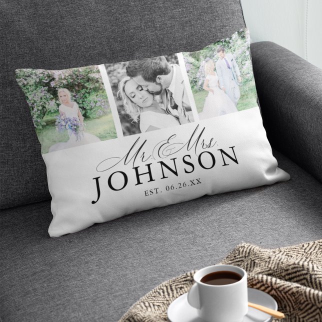 Mr & Mrs Photo Collage Modern Monogram Pillow (Creator Uploaded)