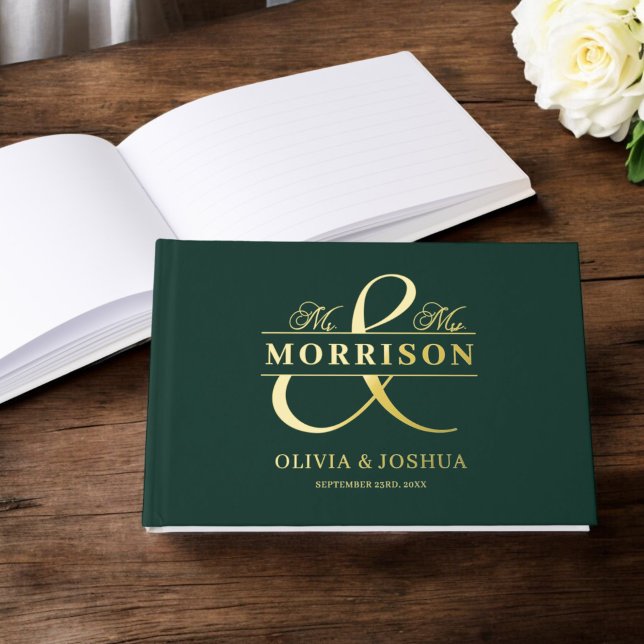 Mr Mrs Photo Emerald Green Elegant Wedding Gold Guest Book (Creator Uploaded)