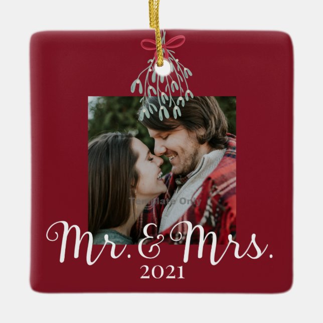 Mr & Mrs Photo Mistletoe Red First Christmas  Ceramic Ornament (Front)