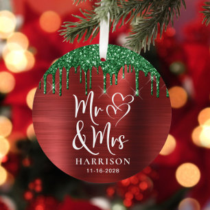 Mr Mrs Photo Red Green Glitter Newlywed Christmas Metal Ornament