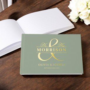 Mr Mrs Photo Sage Green Elegant Wedding Gold Guest Book