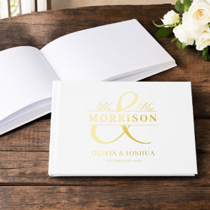 Mr Mrs Photo White Elegant Modern Wedding Gold Guest Book