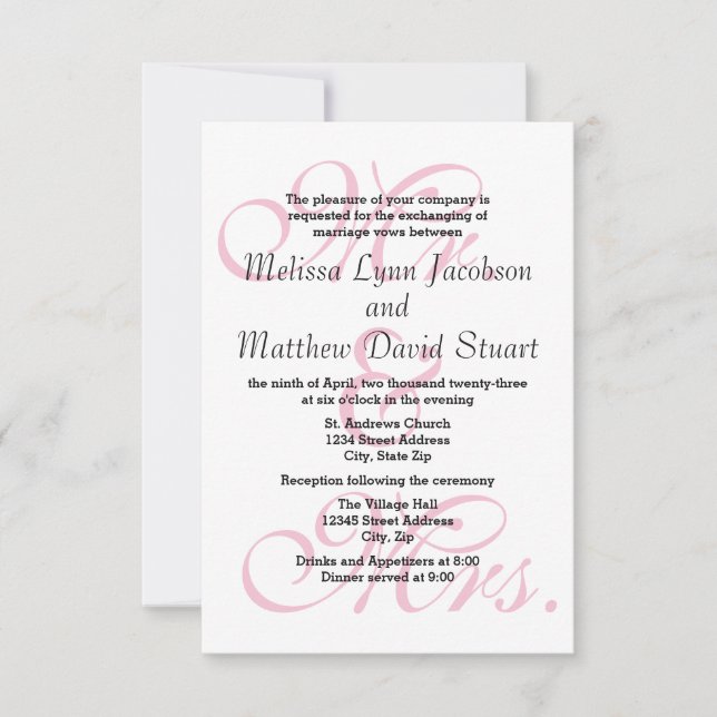 Mr. & Mrs. Pink-3x5 Wedding & Reception Invitation (Front)
