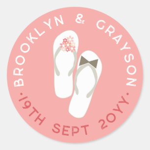 Mr & Mrs Pink Flowers Flip Flops Beach Wedding Classic Round Sticker