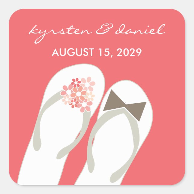 Mr & Mrs Pink Flowers Flip Flops Beach Wedding Square Sticker (Front)