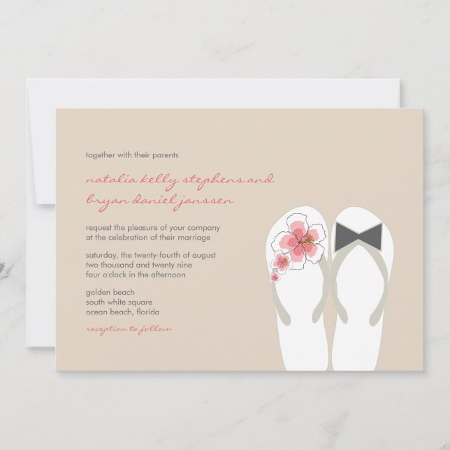 Mr & Mrs Pink Hibiscus Flip Flops Beach Wedding Invitation (Front)