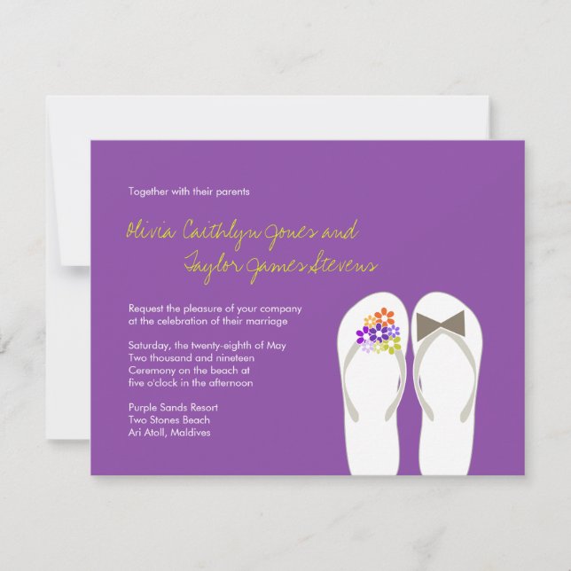 Mr & Mrs Purple Flip Flops Beach Wedding Invite (Front)