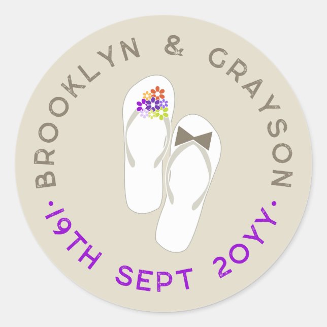 Mr & Mrs Purple Flowers Flip Flops Beach Wedding Classic Round Sticker (Front)
