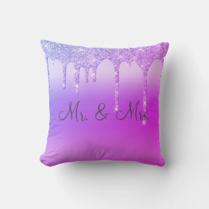 Mr. & Mrs Purple Pink Glitter Keepsake Elegant Throw Pillow