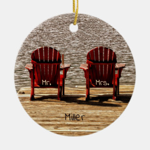 Mr Mrs Red Adirondack Beach Chairs Rustic Ceramic Ornament