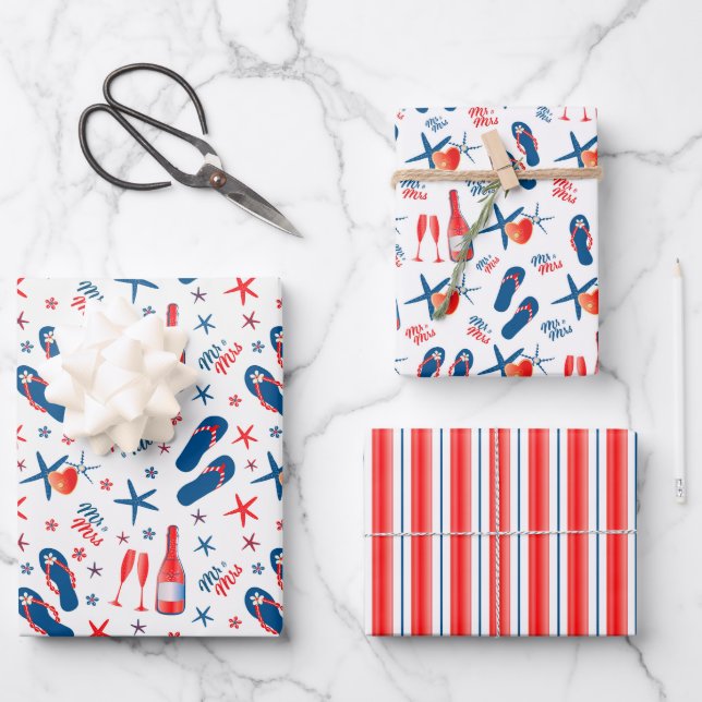 Mr & Mrs Red Blue Champagne Flip Flops Beach Wrapping Paper Sheet (Front)