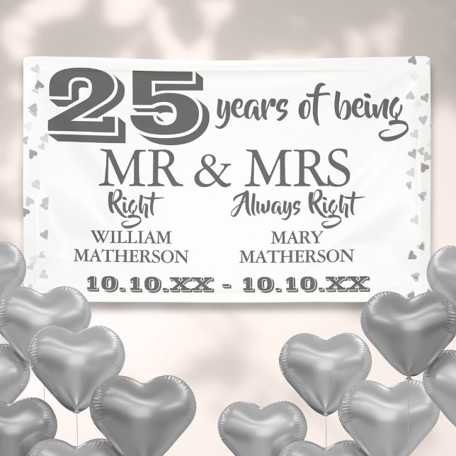 Mr Mrs Right Fun 25th Anniversary Silver Hearts Banner (Mr Mrs Right Fun 25th Anniversary Silver Hearts Banner)
