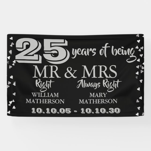 Mr Mrs Right Fun 25th Anniversary Silver Hearts Banner (Horizontal)